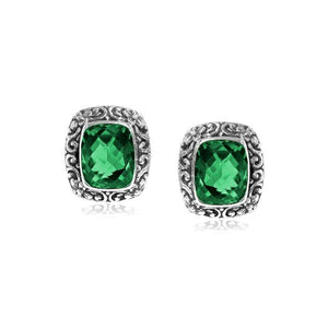 Wholesale sterling silver Green Quartz cushion stud earrings with polished finish and push-back lock.