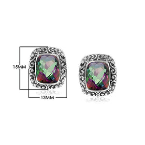 Wholesale sterling silver Mystic Quartz cushion stud earrings with polished finish and push-back lock.