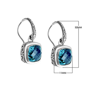 Wholesale sterling silver Blue Topaz Quartz cushion drop earrings with polished finish and earwire lock.