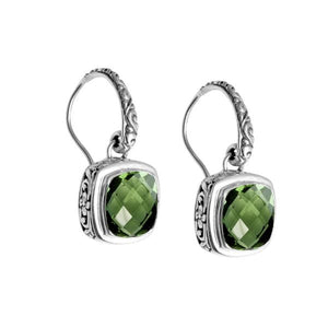 Wholesale sterling silver Green Amethyst Quartz cushion drop earrings with polished finish and earwire lock.