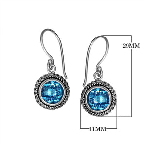 Wholesale sterling silver Blue Topaz Quartz braided-frame drop earrings with polished finish and earwire lock.