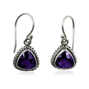 Wholesale sterling silver Amethyst Quartz trillion rope bezel drop earrings.