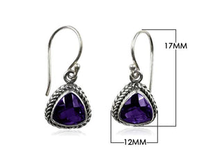 Wholesale sterling silver Amethyst Quartz trillion rope bezel drop earrings.