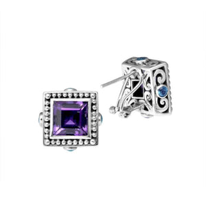 Sterling Silver Amethyst Quartz square earrings with Blue Topaz accents