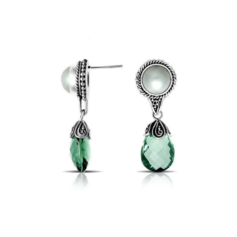 Sterling Silver Mabe Pearl and Green Quartz teardrop earrings