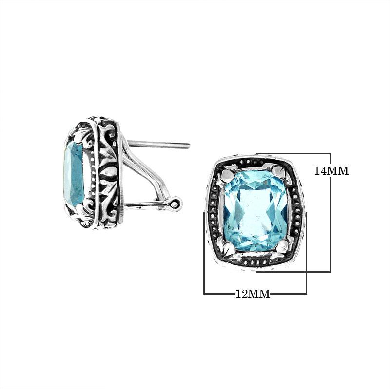Wholesale sterling silver cushion-style earrings with Blue Topaz Quartz and handcrafted detailing.