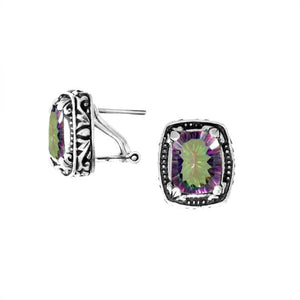 Wholesale sterling silver cushion-style earrings with Mystic Quartz and handcrafted detailing.