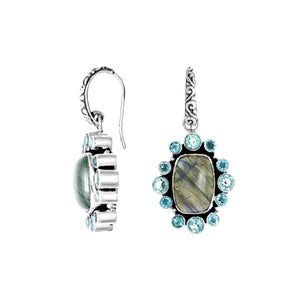 Wholesale sterling silver earrings with Labradorite center and Blue Topaz Quartz cluster accents.