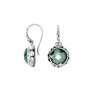 Wholesale sterling silver earrings with round Green Quartz and sculpted bezel detailing.