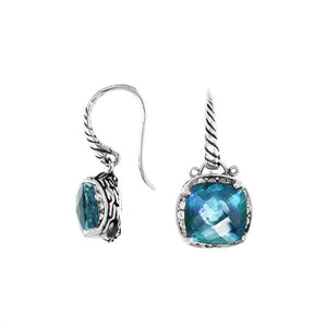 Wholesale sterling silver cushion-style earrings with Blue Topaz Quartz and Cubic Zirconia accents.