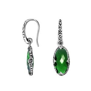 Sterling silver Green Quartz oval scroll drop earrings with oxidized finish and earwire lock.