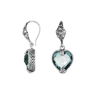 Sterling silver Blue Topaz Quartz heart floral drop earrings with oxidized finish and earwire lock.