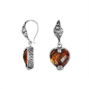 Sterling silver Citrine Quartz heart floral drop earrings with oxidized finish and earwire lock.