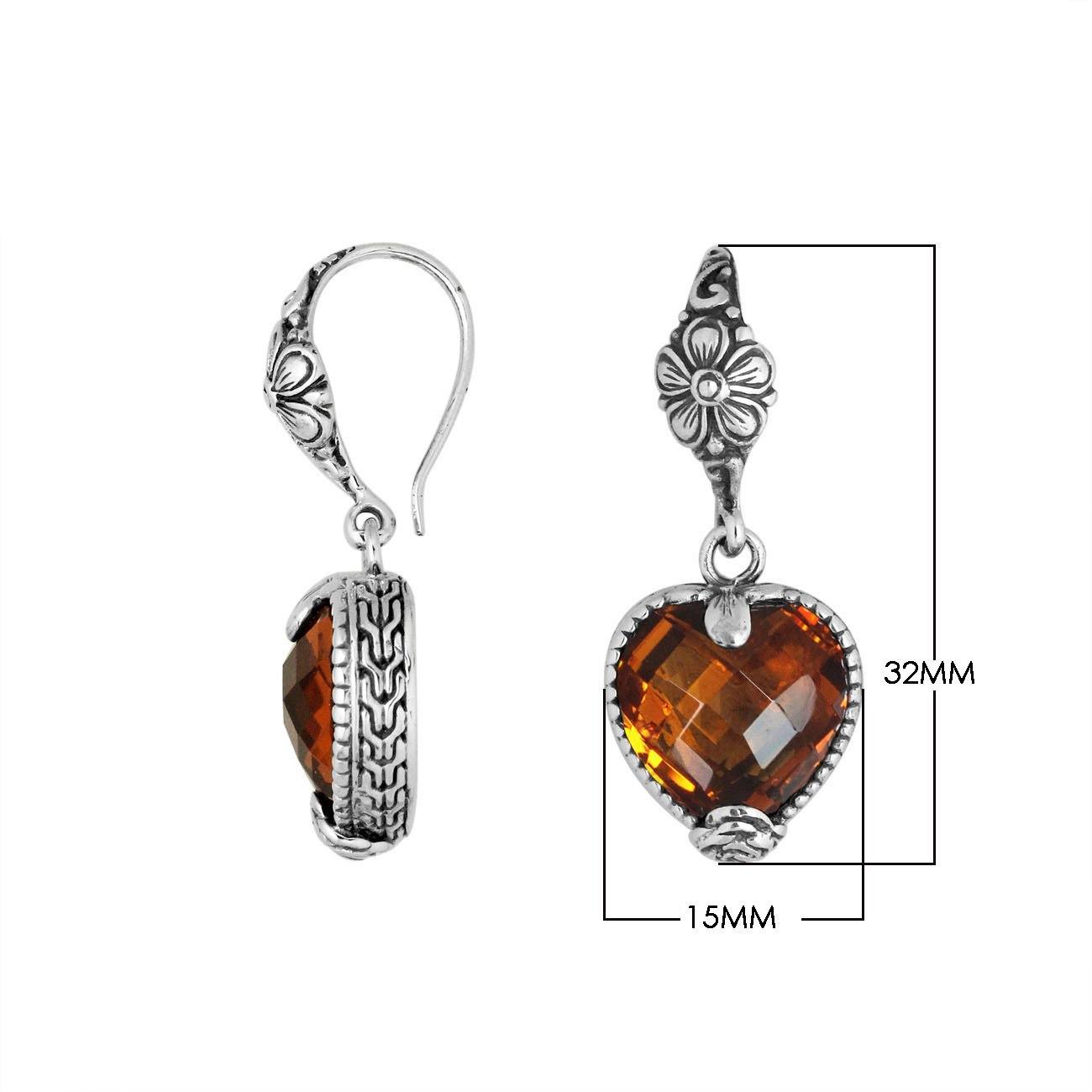 Sterling silver Citrine Quartz heart floral drop earrings with oxidized finish and earwire lock.