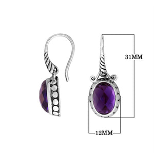 Sterling silver Amethyst Quartz oval drop earrings with oxidized finish and earwire lock.