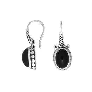 Sterling silver Black Onyx oval drop earrings with oxidized finish and earwire lock.