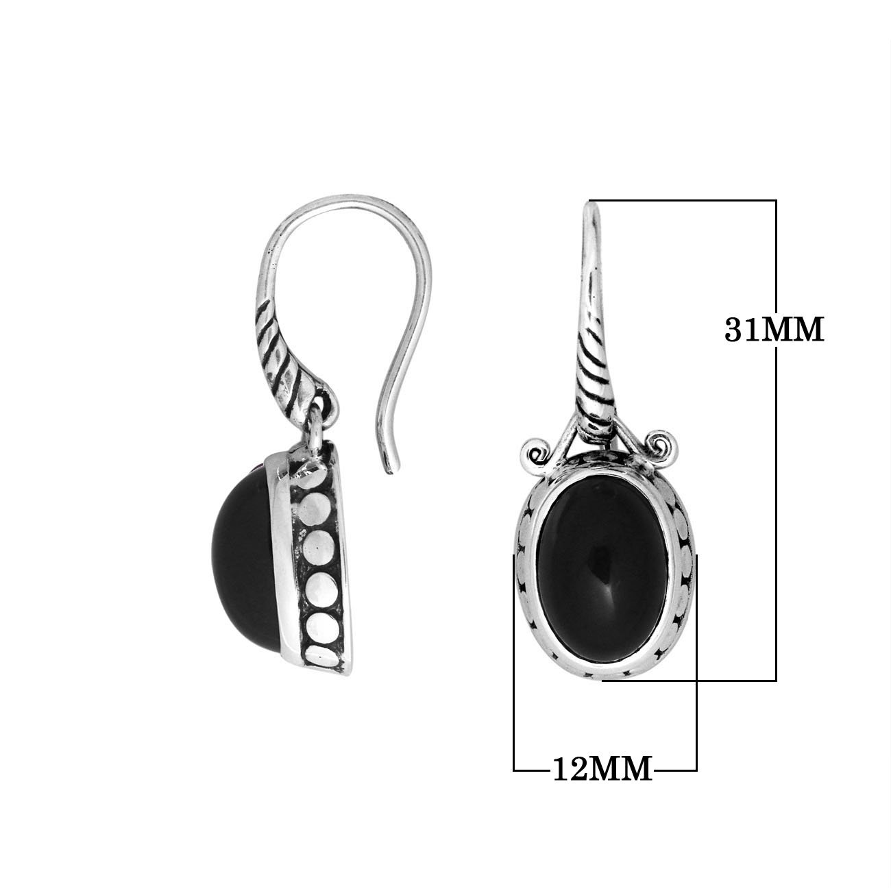 Sterling silver Black Onyx oval drop earrings with oxidized finish and earwire lock.