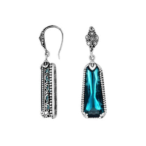 Sterling silver London Blue Topaz Quartz long drop earrings with oxidized finish and earwire lock.