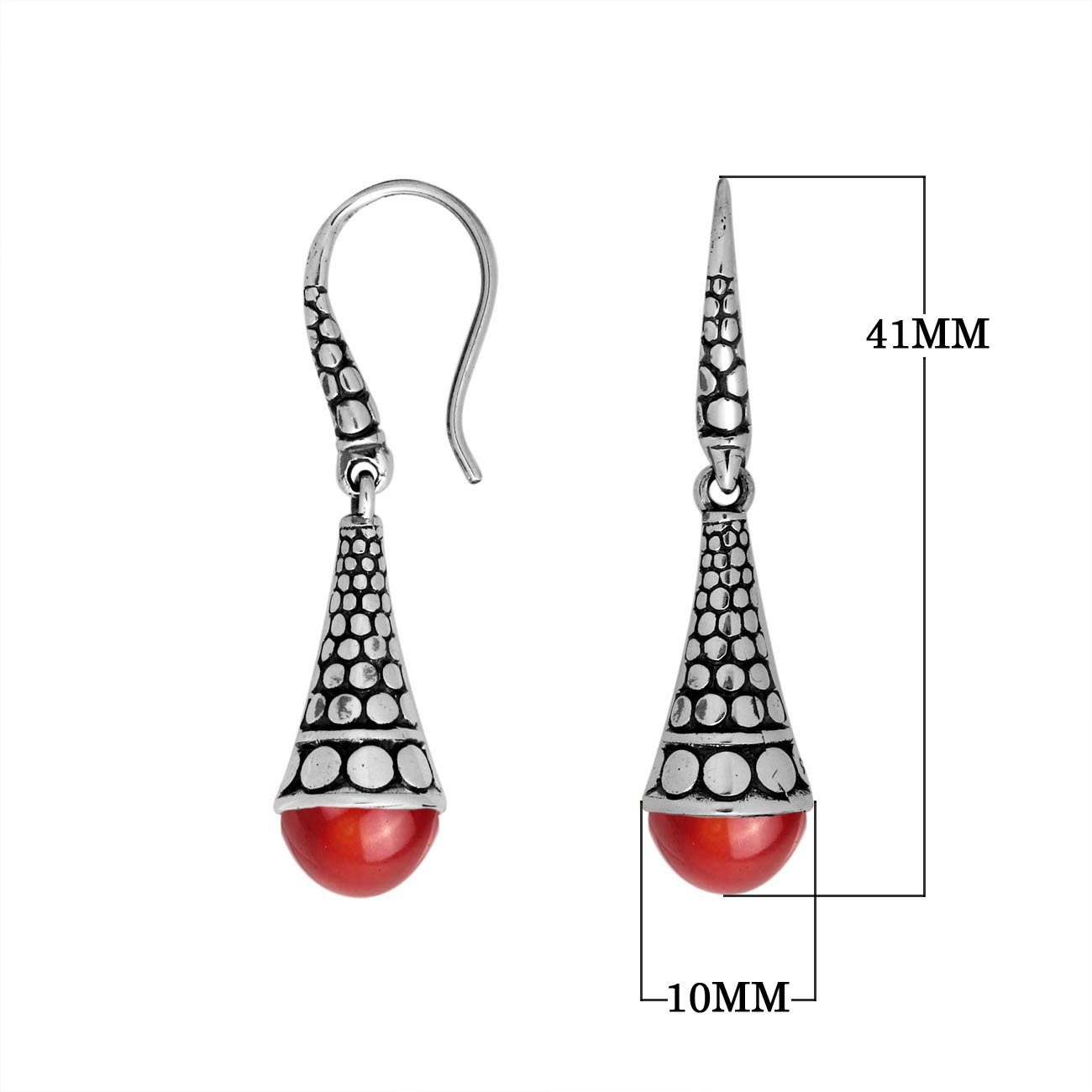 Sterling silver Red Coral long floral drop earrings with oxidized finish and earwire lock.