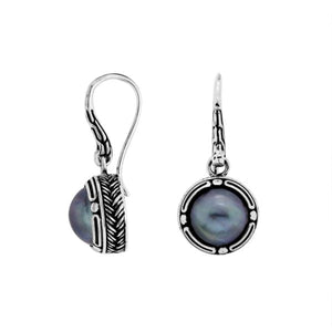 Sterling silver Gray Pearl round drop earrings with oxidized finish and earwire lock.