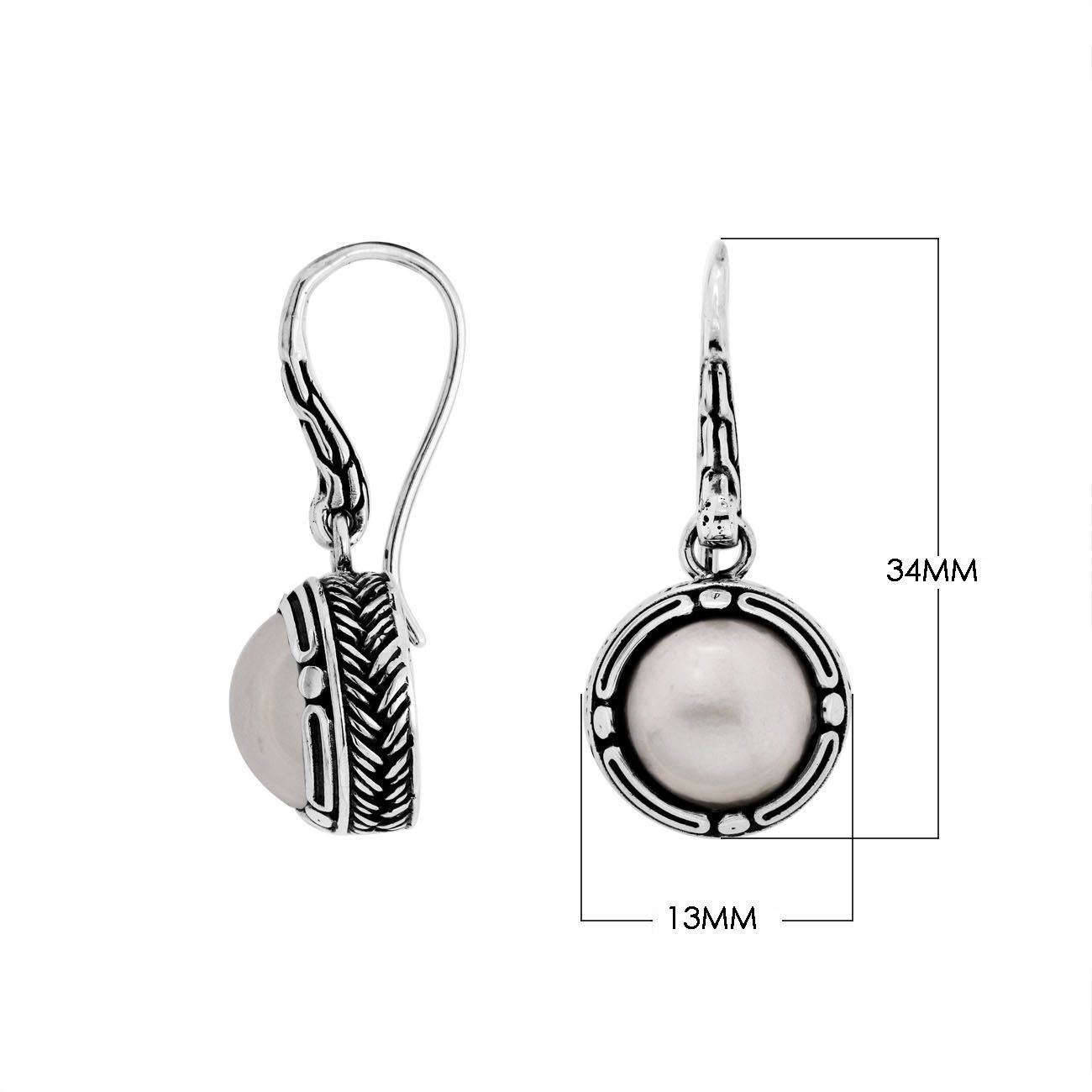 Sterling silver White Pearl round drop earrings with oxidized finish and earwire lock.