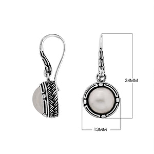 Sterling silver White Pearl round drop earrings with oxidized finish and earwire lock.