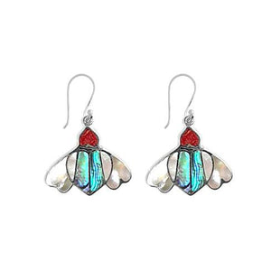 Sterling silver Abalone Shell, Red Coral, and Mother Of Pearl drop earrings with oxidized finish and earwire lock.