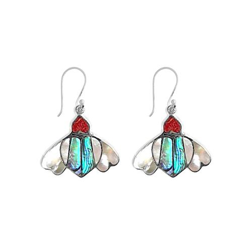 Sterling silver Abalone Shell, Red Coral, and Mother Of Pearl drop earrings with oxidized finish and earwire lock.