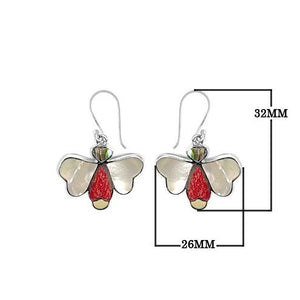 Sterling silver Mother Of Pearl, Red Coral, and Abalone Shell drop earrings with oxidized finish and earwire lock.