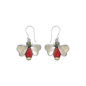 Sterling silver Mother Of Pearl, Red Coral, and Abalone Shell drop earrings with oxidized finish and earwire lock.