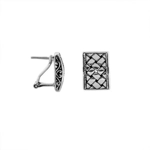 Sterling silver rectangular textured omega earrings with oxidized finish and secure clasp.