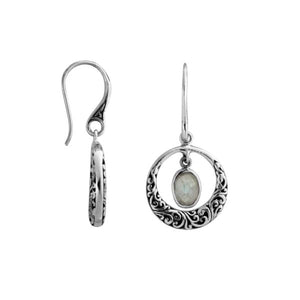 Sterling silver Labradorite Stone round filigree drop earrings with oxidized finish and earwire lock.