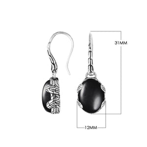 Wholesale sterling silver Black Onyx oval drop earrings with oxidized pattern and mirror-polished finish.