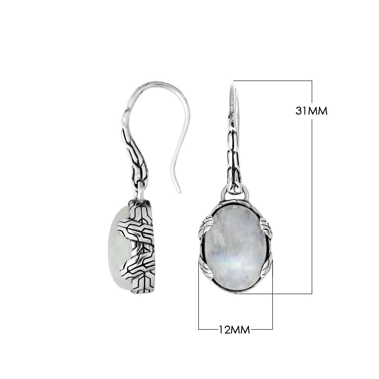 Wholesale sterling silver Rainbow Moonstone oval drop earrings with oxidized detailing and mirror-polished finish.