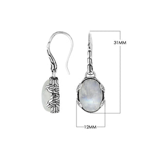 Wholesale sterling silver Rainbow Moonstone oval drop earrings with oxidized detailing and mirror-polished finish.