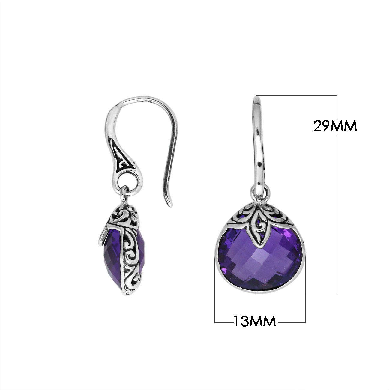 Wholesale sterling silver Amethyst Quartz round drop earrings with oxidized pattern and polished finish.