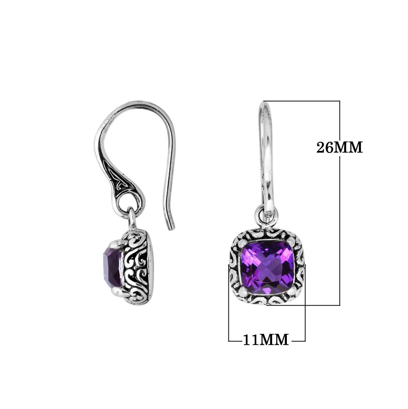 Wholesale sterling silver Amethyst Quartz cushion drop earrings with oxidized detailing and polished finish.