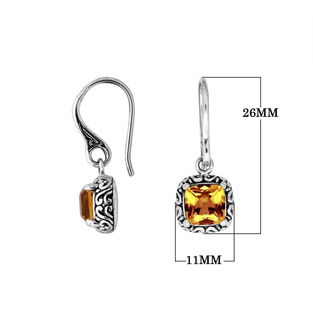 Wholesale sterling silver Citrine Quartz cushion drop earrings with oxidized silver detailing and polished finish.
