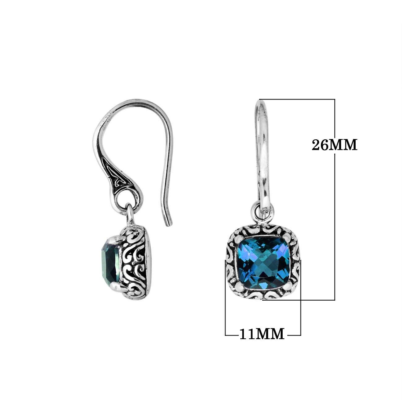 Wholesale sterling silver London Blue Topaz Quartz cushion drop earrings with oxidized silver detailing and polished finish.
