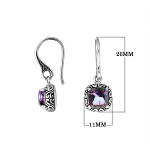 Wholesale sterling silver Mystic Quartz cushion drop earrings with oxidized detailing and polished iridescent finish.
