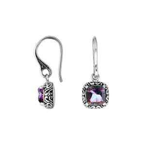 Wholesale sterling silver Mystic Quartz cushion drop earrings with oxidized detailing and polished iridescent finish.