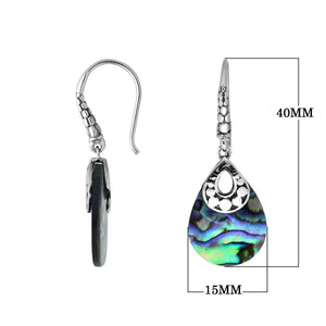 Wholesale sterling silver Abalone Shell pear shape earrings with polished finish and intricate Balinese detailing.