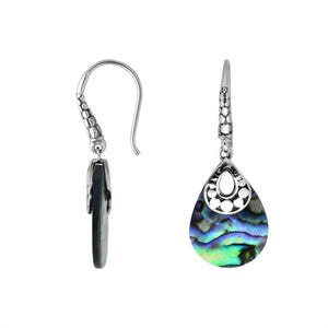 Wholesale sterling silver Abalone Shell pear shape earrings with polished finish and intricate Balinese detailing.