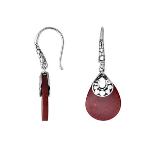 Wholesale sterling silver Red Coral pear-drop earrings with polished oxidized detailing and earwire lock.