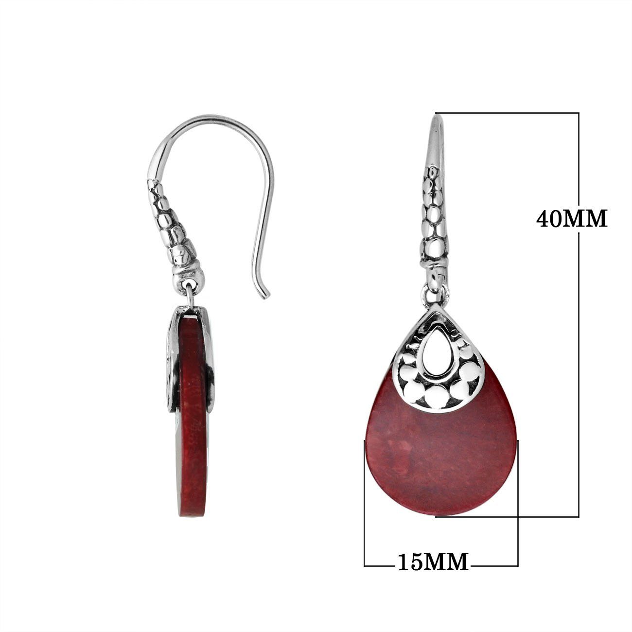 Wholesale sterling silver Red Coral pear-drop earrings with polished oxidized detailing and earwire lock.