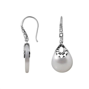 Wholesale sterling silver Mother Of Pearl pear-drop earrings with polished oxidized finish and earwire lock.