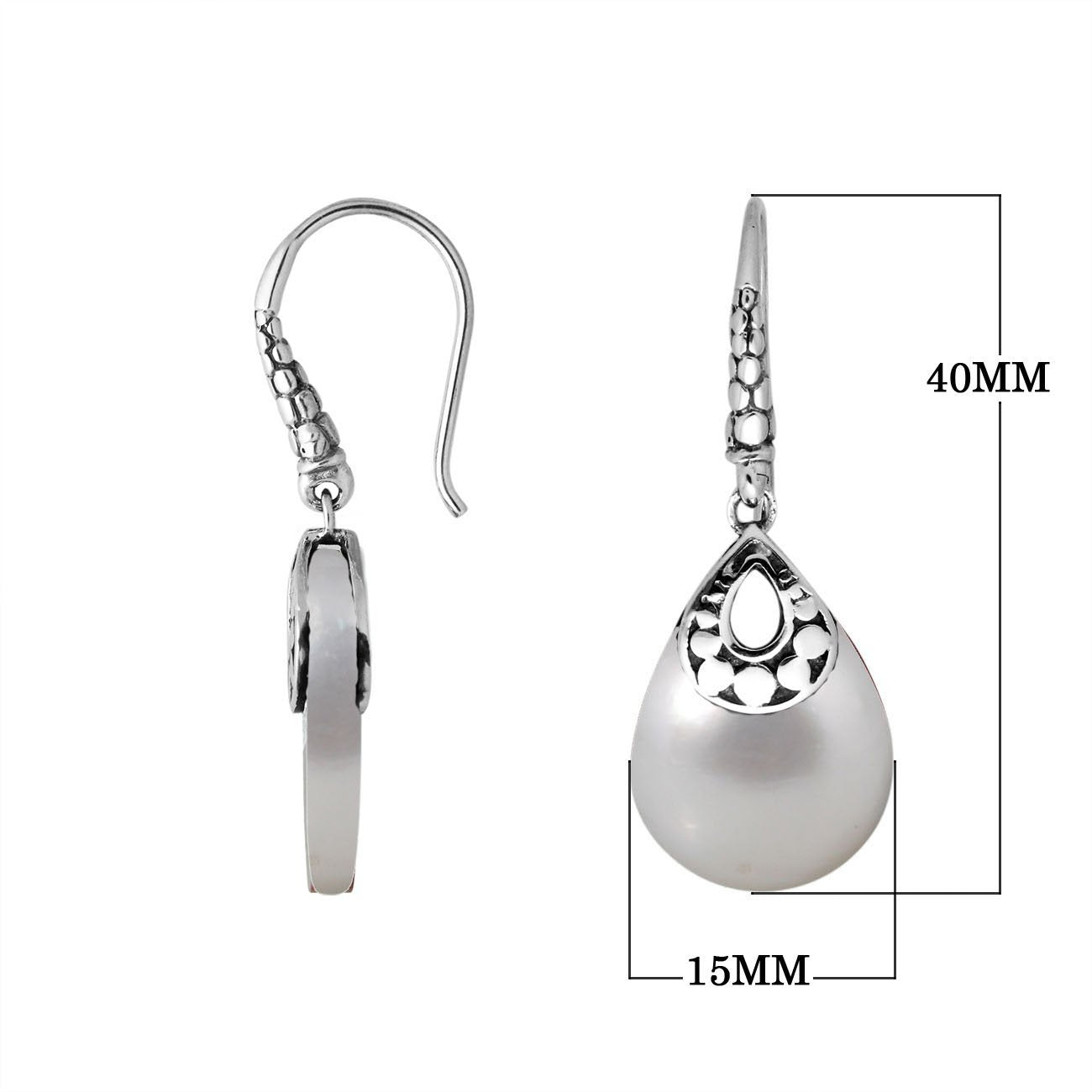 Wholesale sterling silver Mother Of Pearl pear-drop earrings with polished oxidized finish and earwire lock.
