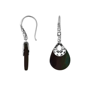 Wholesale sterling silver Black Shell pear-drop earrings with polished oxidized finish and secure earwire lock.