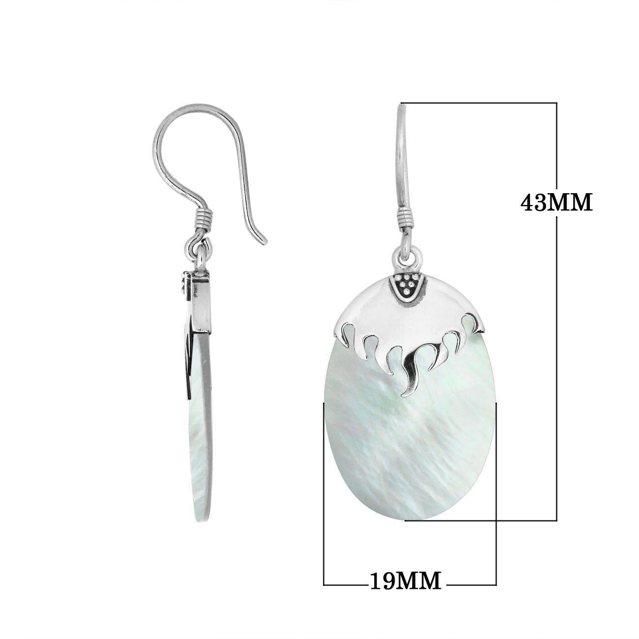 Wholesale sterling silver earrings with Mother Of Pearl ovals and a polished structured silver cap.