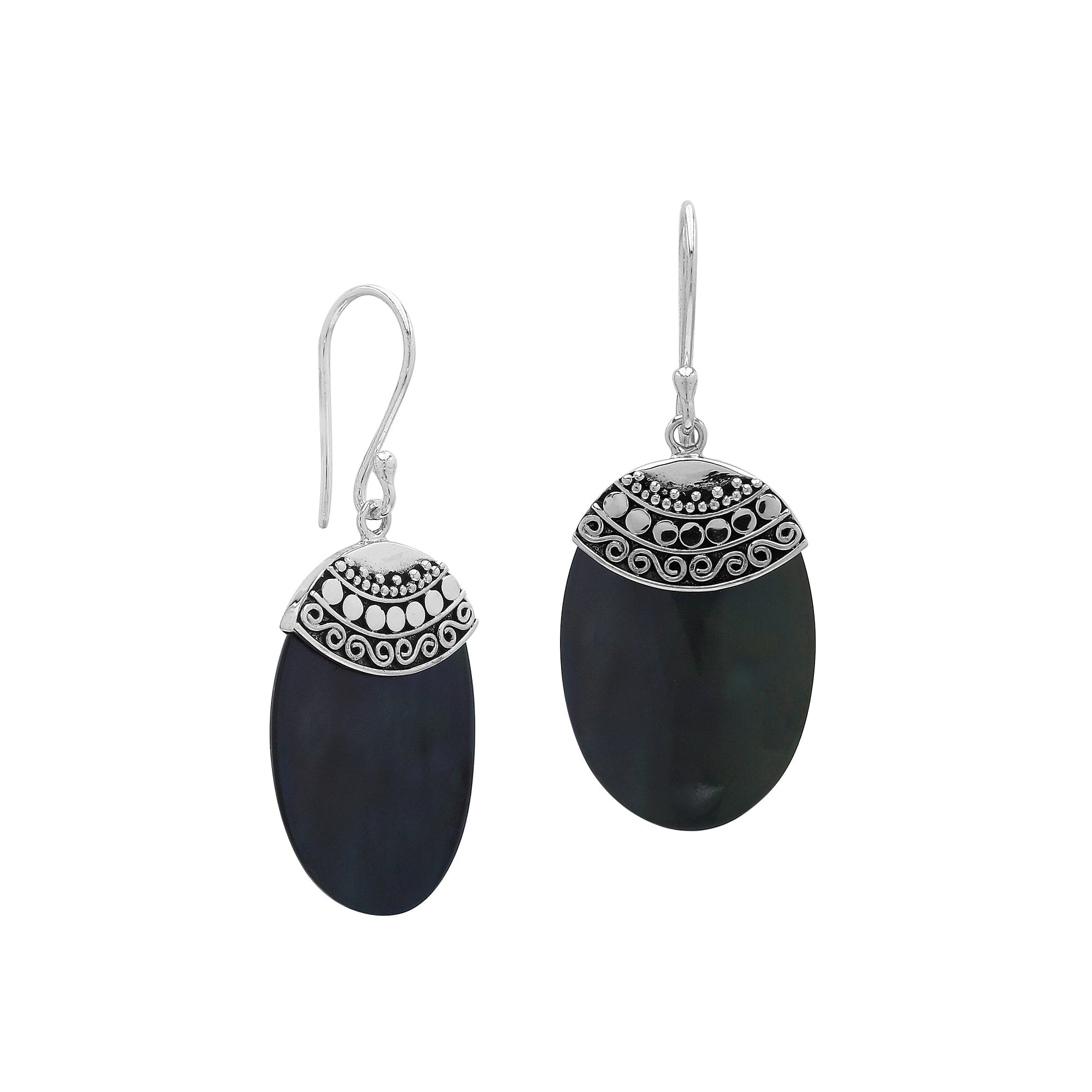 Wholesale sterling silver earrings featuring Black Shell ovals with an ornate patterned silver cap.
